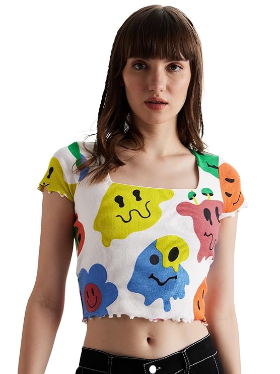 Trippy Smiles Women and Girls All Over Print Short Sleeve Cropped Top